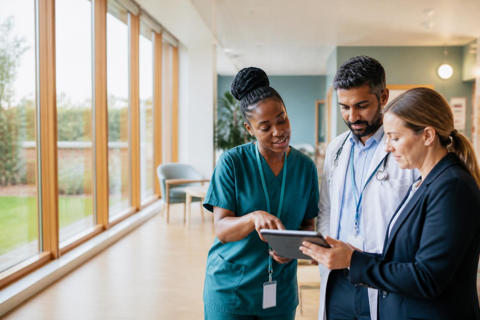 A nurse, doctor and care manager collaborating around a tablet